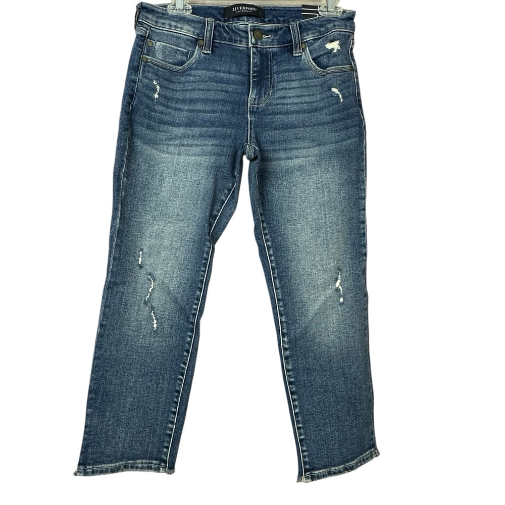 Liverpool Eco Distressed Crop Capri Blue Denim Jeans Women Sz 2 26 NWT